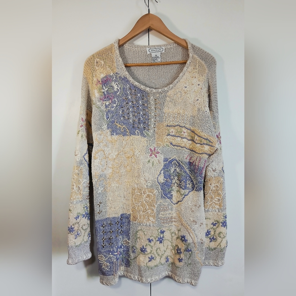 Vintage Amour Women’s Medium Beaded Embroidered Knit Sweater Boho Cottagecore